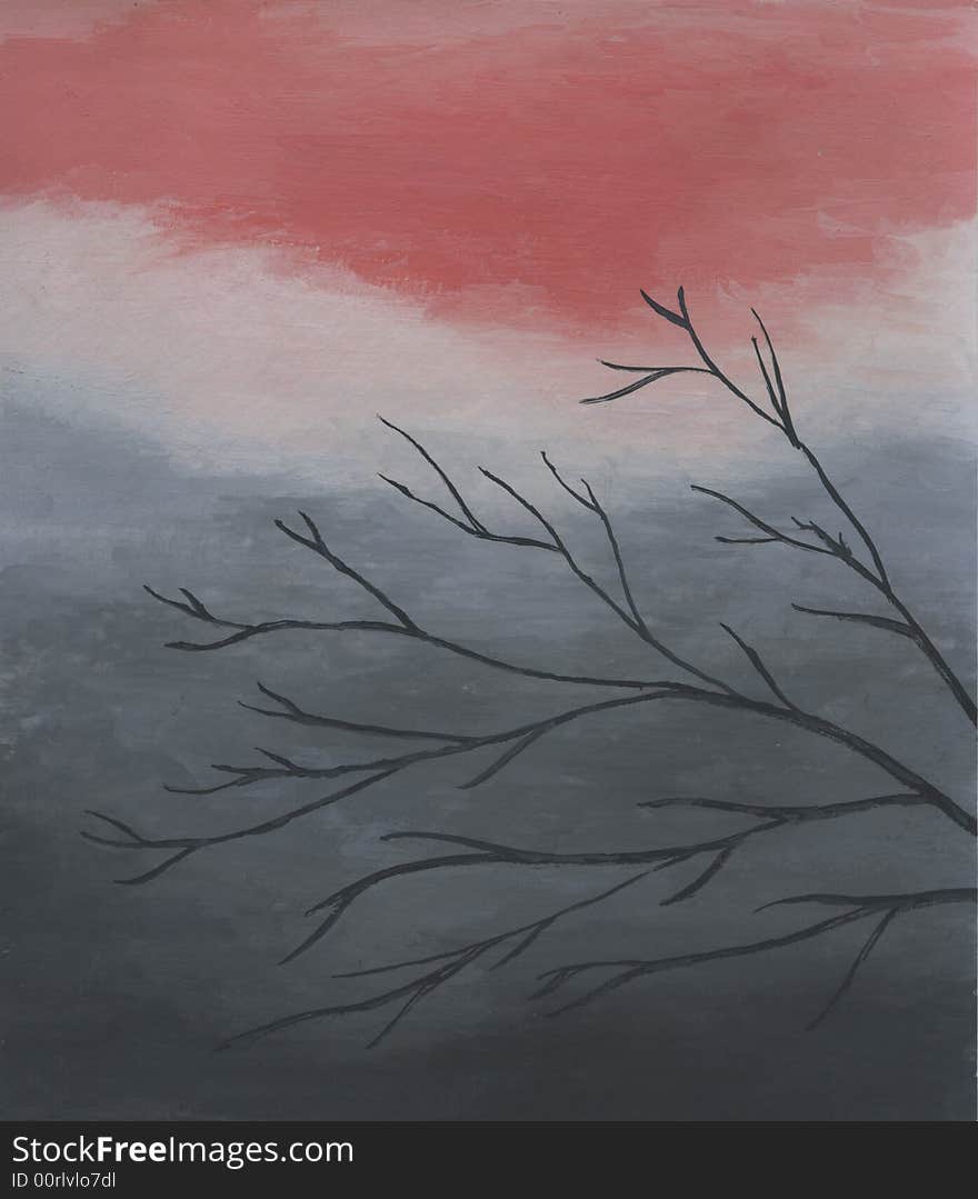 A japan-like hand-painted image of tree branch on sunrise. A japan-like hand-painted image of tree branch on sunrise.