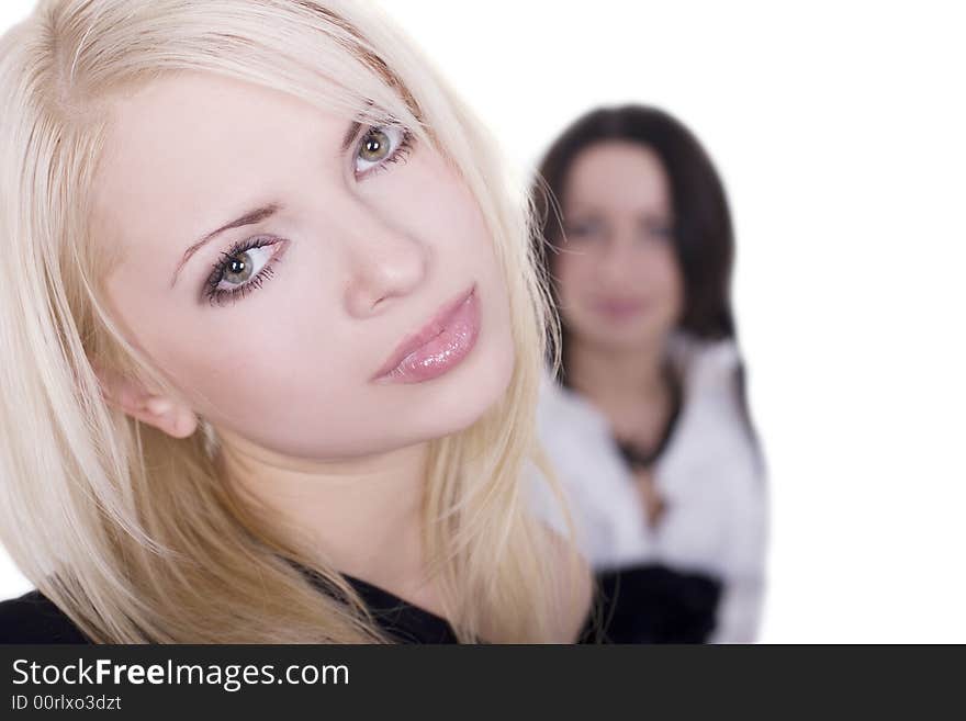 Two girlfriends on white background. Two girlfriends on white background