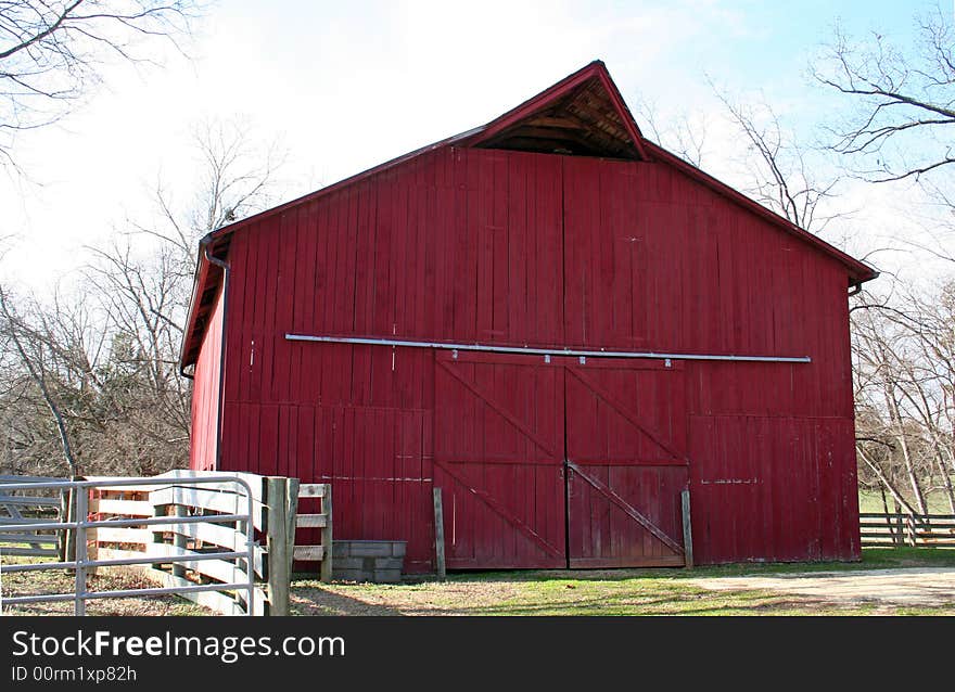 A large red barn on a farm