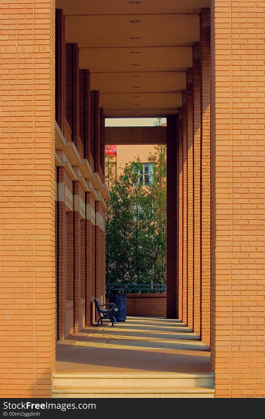 Lonely bench in a modern brick walkway outside of a building.