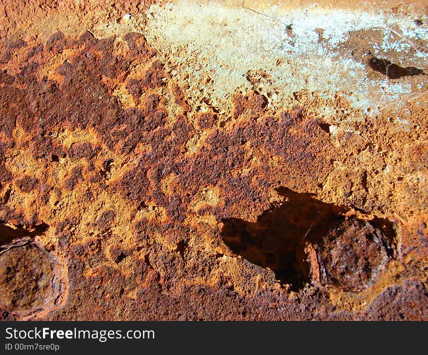 Old metal plate with some white paint badly rusted. Old metal plate with some white paint badly rusted