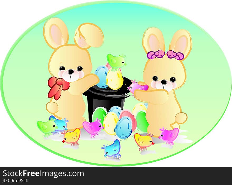 Cute bunnies with their easter eggs