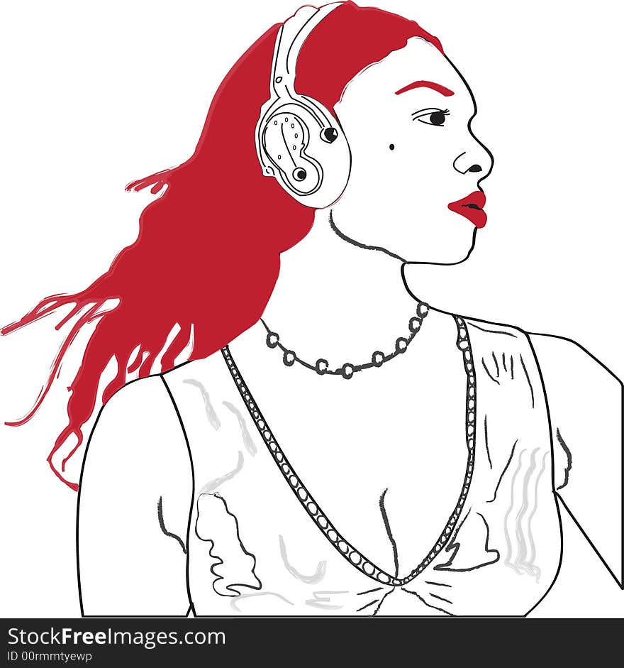 Illustration of a girl with earphones, on transparent background