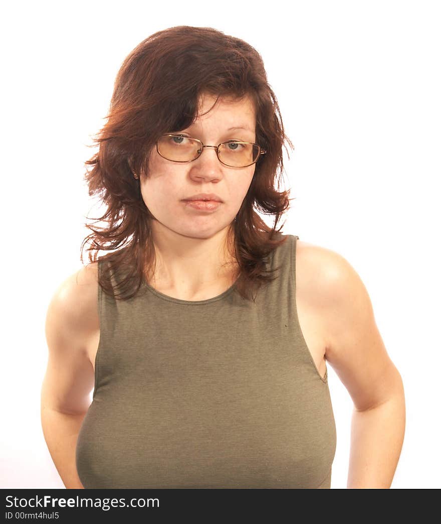 Portrait of the woman in a fitting vest on a white background.