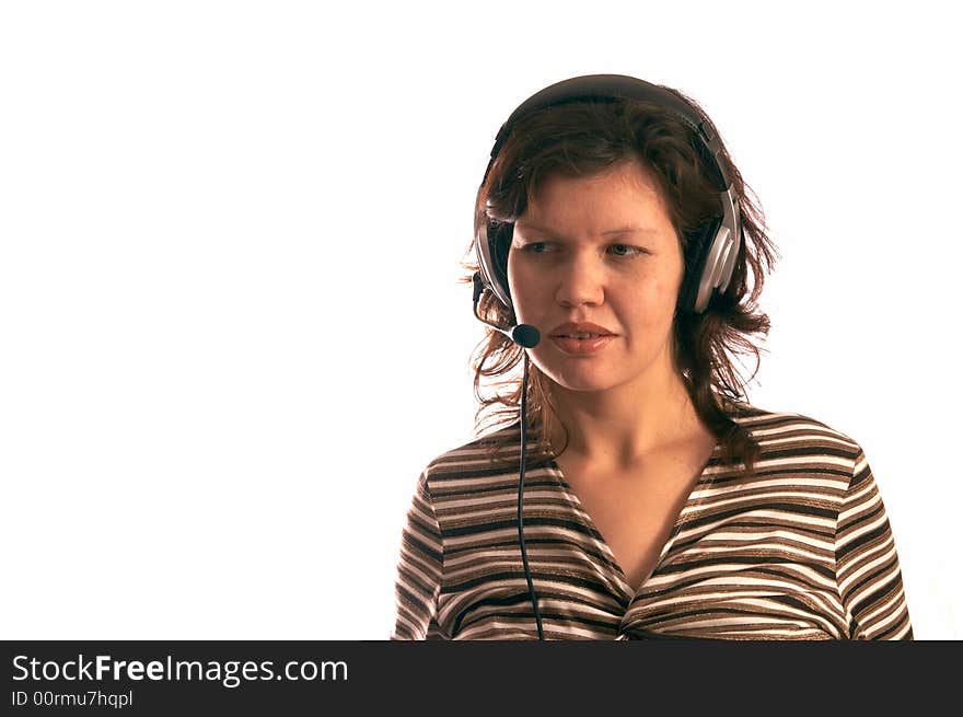 The musical girl with headphones, on a white background