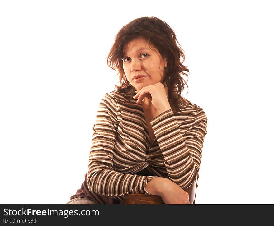 The girl in a striped jacket on a white background