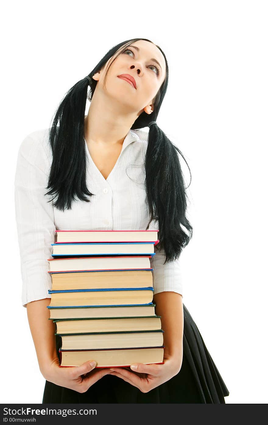 Woman with pile books on white background