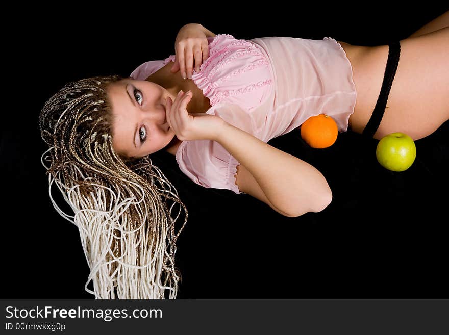 Portrait girl with apple and orange