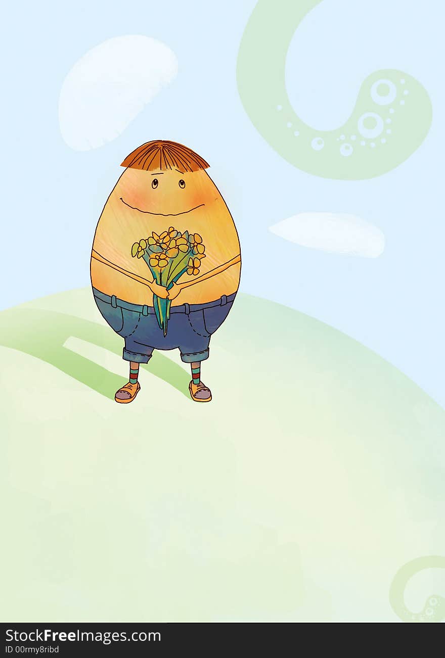 Easter illustration with character and flower in hands