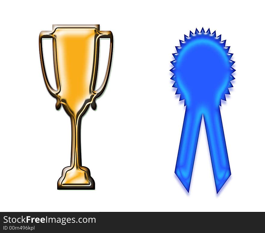 Gold trophy cup and blue ribbon on white background. Gold trophy cup and blue ribbon on white background