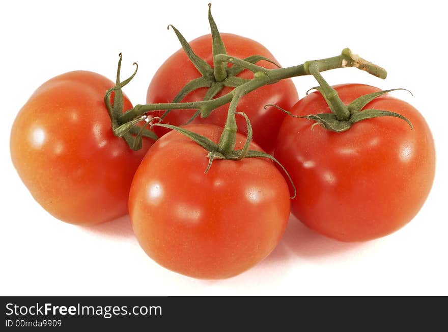 Four red tomatous on white background