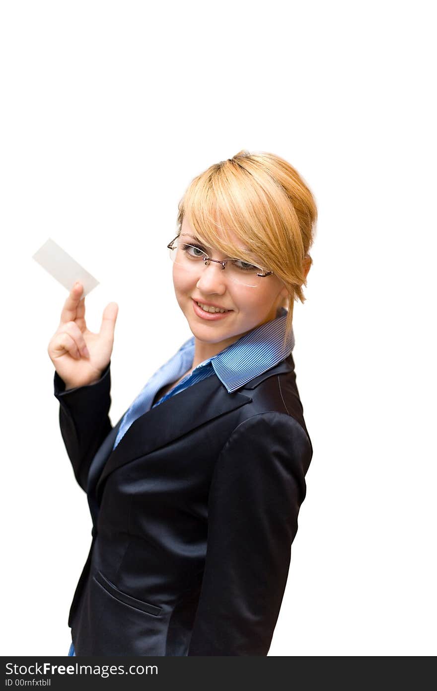 Businesswoman half turn and show business card. Businesswoman half turn and show business card