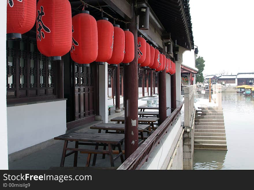 A simple  tea house of the southern part of China where you can enjoy the beautiful scenery of the south.This picture is taken in the place of interest“Mooring by the Feng Bridge at night” in Suzhou ,China.