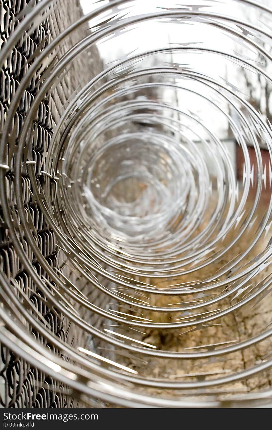 A view down the center of coils of razor wirre mounted to a fence. A view down the center of coils of razor wirre mounted to a fence