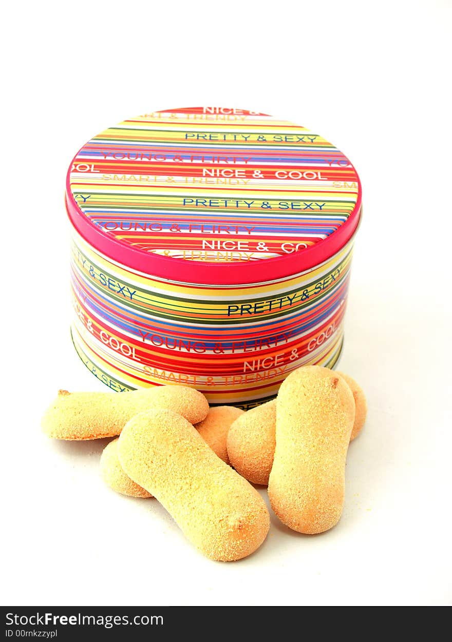 Colourful tin with biscuits