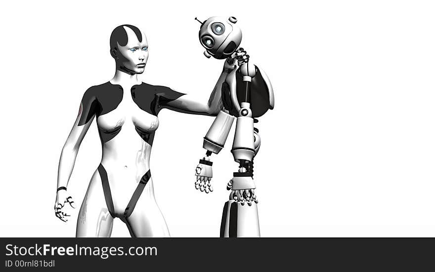 Advanced female droid wrings neck of drone