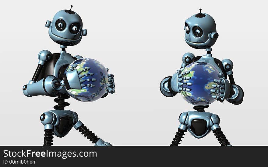 Robots holding earth like planets. Robots holding earth like planets