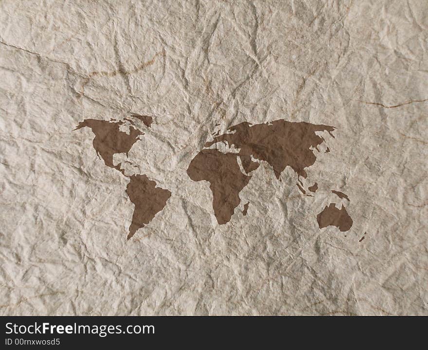 World outline map overlaid onto rumpled textured paper. World outline map overlaid onto rumpled textured paper