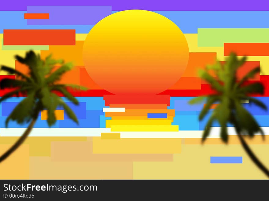 An abstract sunset scene with palm trees