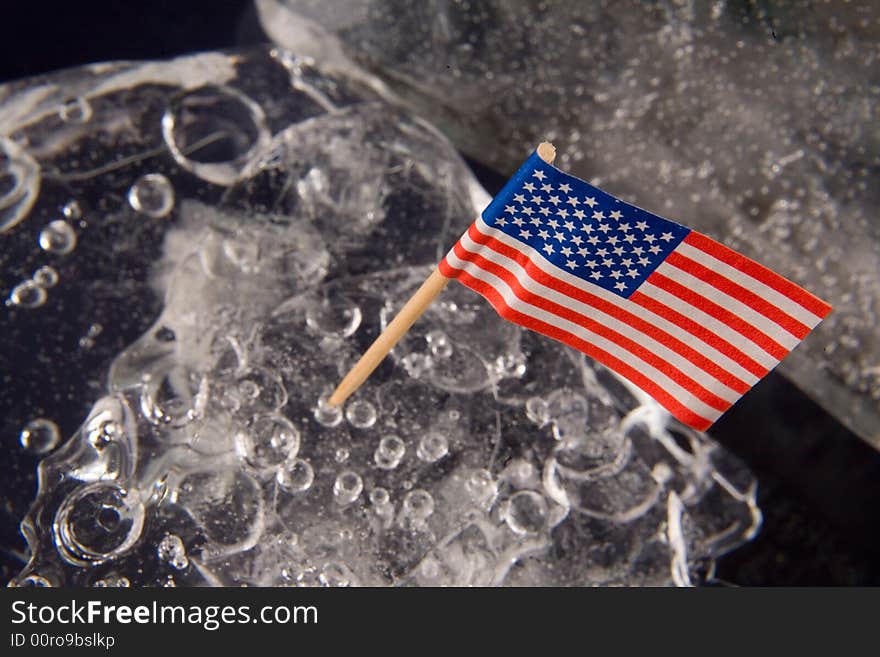 American Flag On The Clear Solid Ice