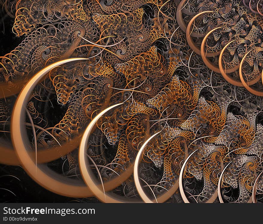 Brass metal hoops and wires arranged in interlocking intricate design, an illustration. Brass metal hoops and wires arranged in interlocking intricate design, an illustration.