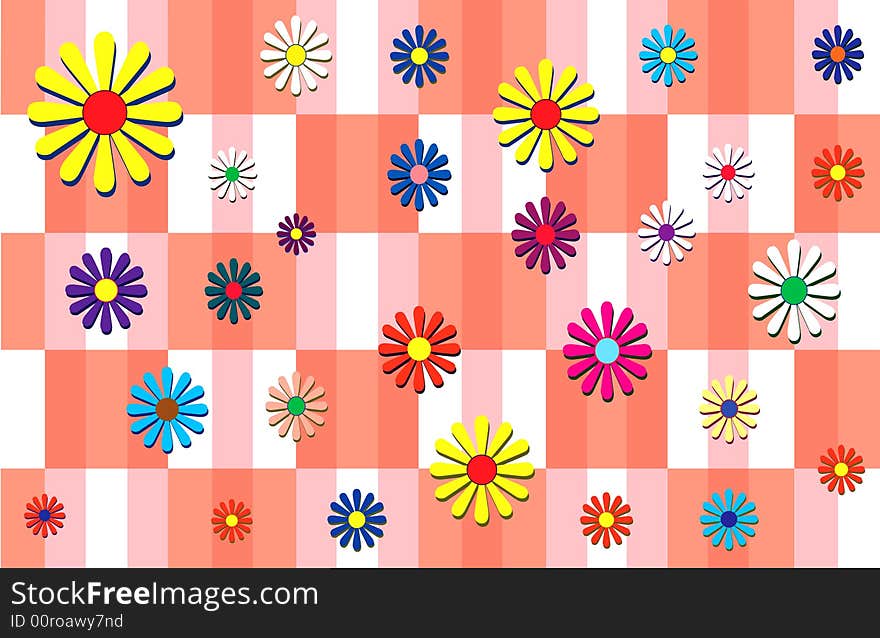 Flowers scattered on a plaid  back round. Flowers scattered on a plaid  back round