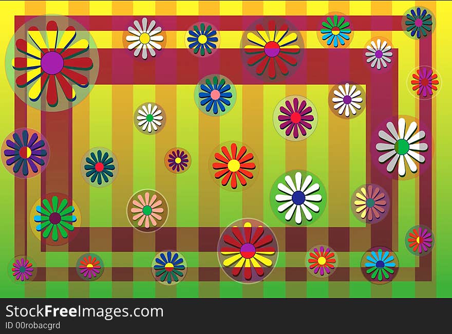 Flowers scattered on a striped backround with double border. Flowers scattered on a striped backround with double border.