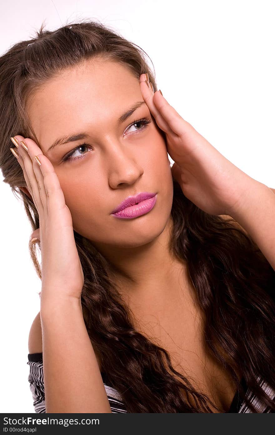 Beautiful young woman thinking over white