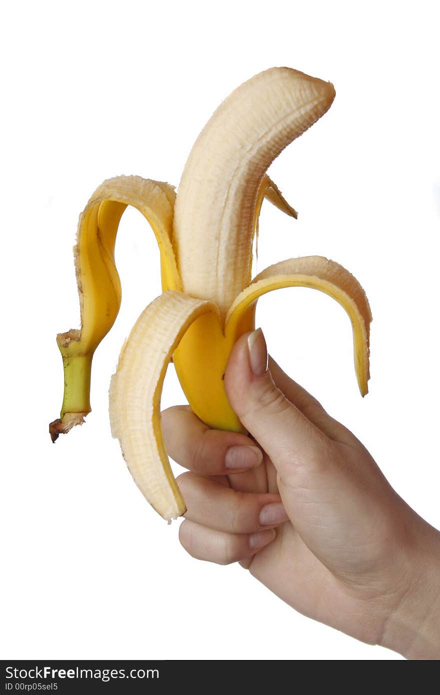 Hand holding banana, isolated on white background.