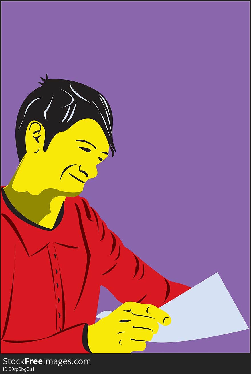 Illustration of a man rading a letter and smiling. Illustration of a man rading a letter and smiling