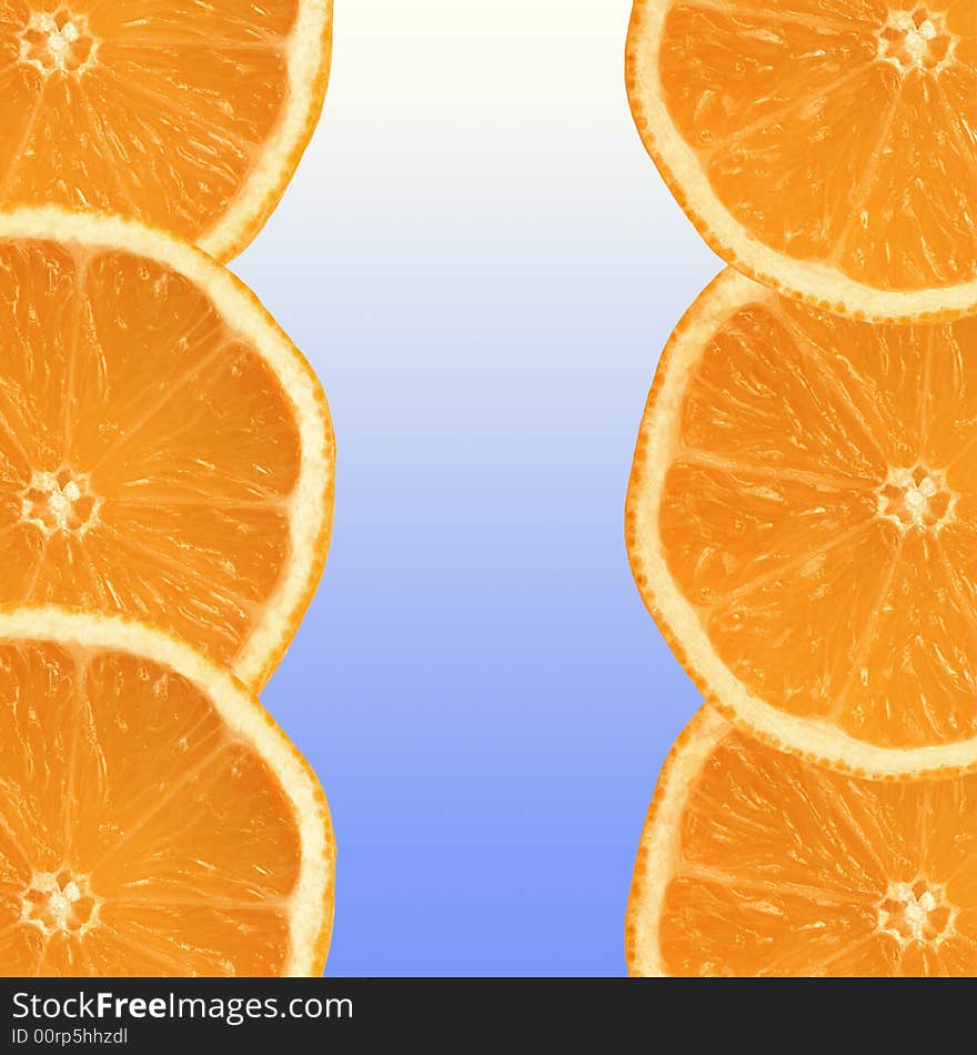 Six fresh orange slices, three on each side on a vertical axis, with a blue and white gradient center in between.