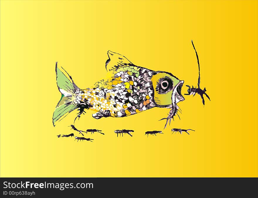 A fish eating little bugs on yellow background