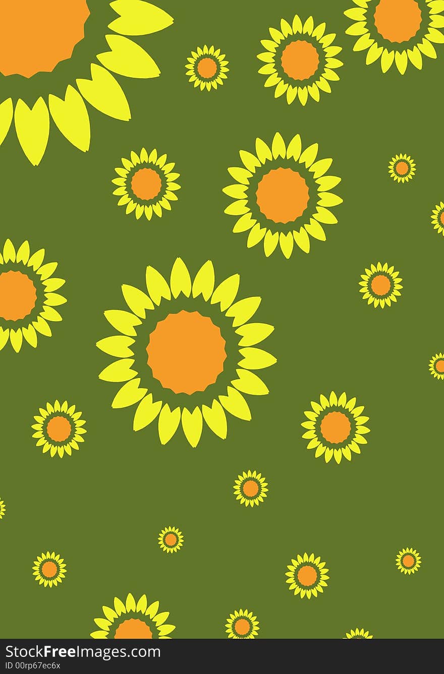 Lots of illustrated Sunflowers over a green background. Lots of illustrated Sunflowers over a green background