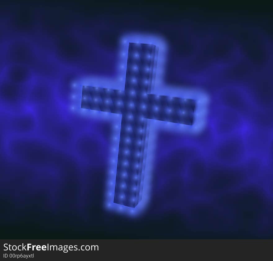 Cross soaring in clouds with dark blue an aura. Cross soaring in clouds with dark blue an aura