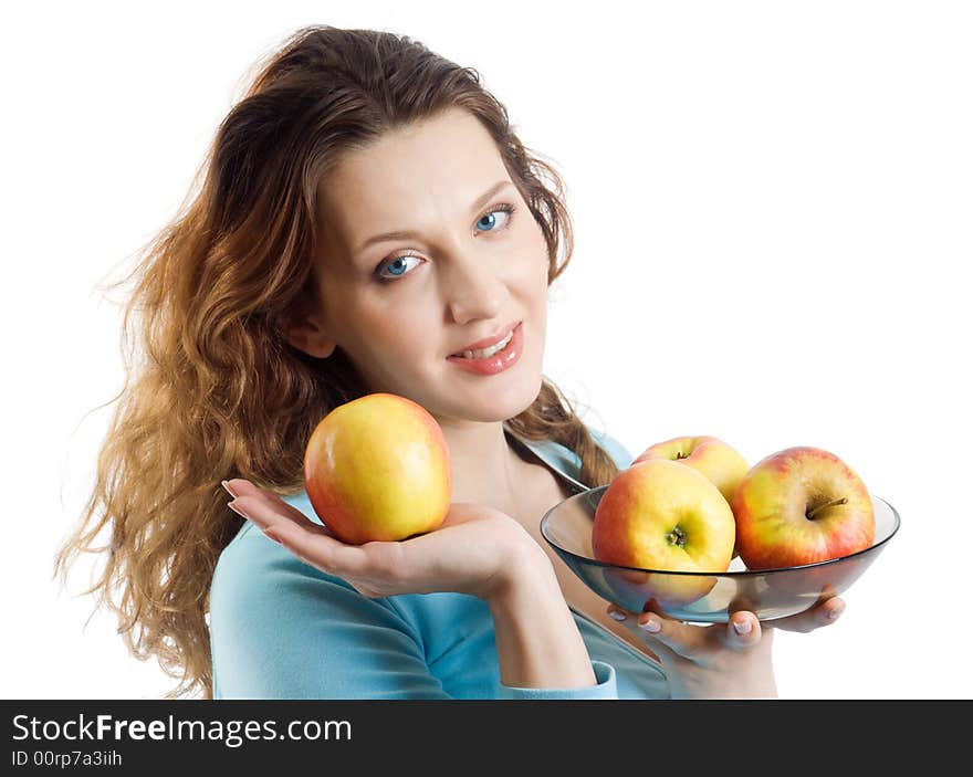 Young women with apples. Isolate on white.