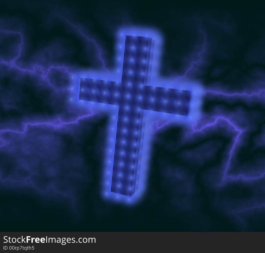 Cross soaring in clouds with dark blue an aura. Cross soaring in clouds with dark blue an aura