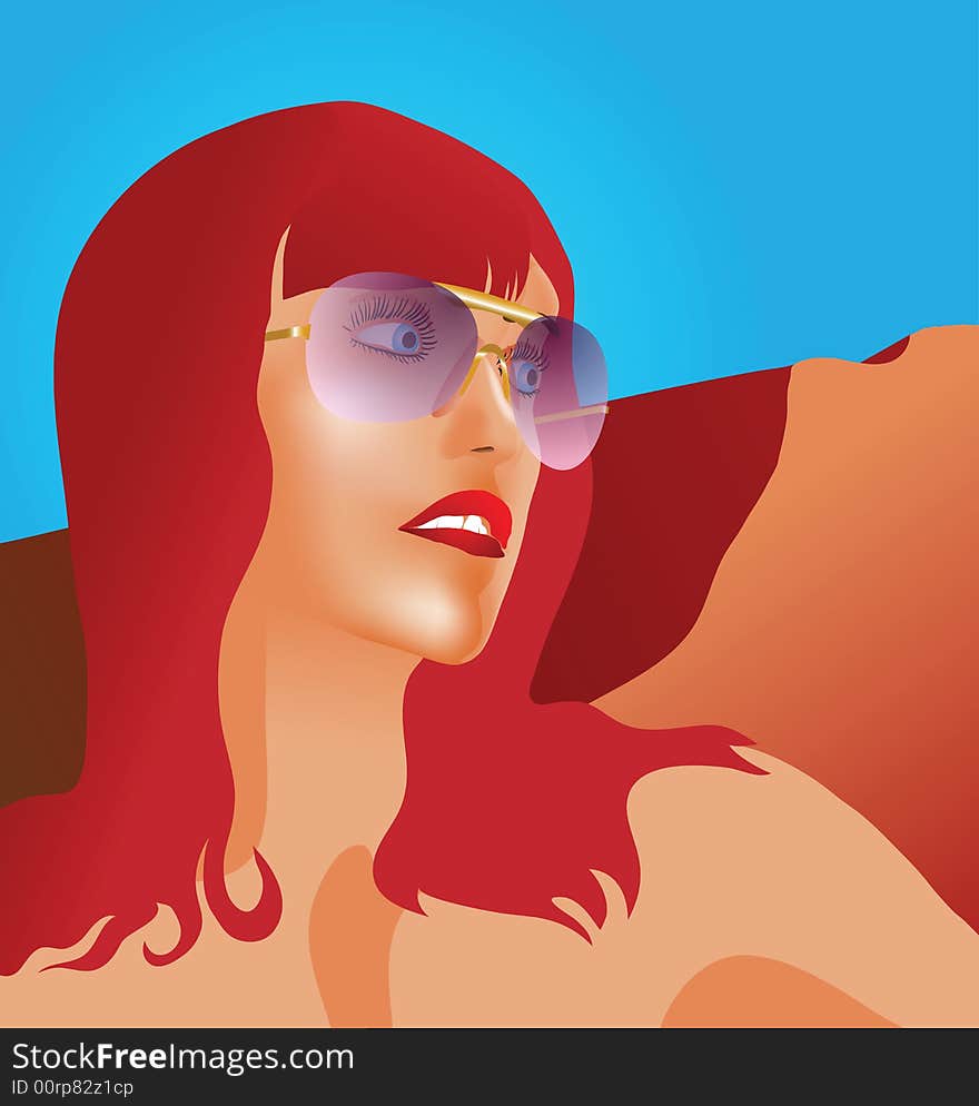 Red hair girl face with the sun glasses