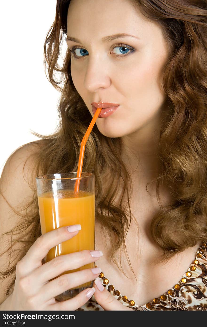 Attractive brunette drink orange juice. Isolate on white. Attractive brunette drink orange juice. Isolate on white.