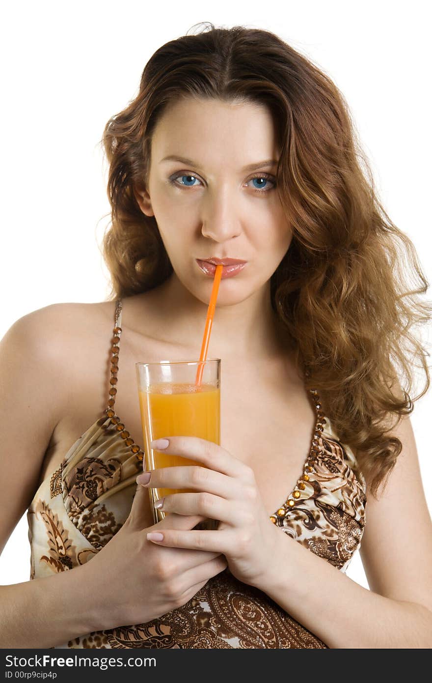 Attractive brunette drink orange juice. Isolate on white. Attractive brunette drink orange juice. Isolate on white.