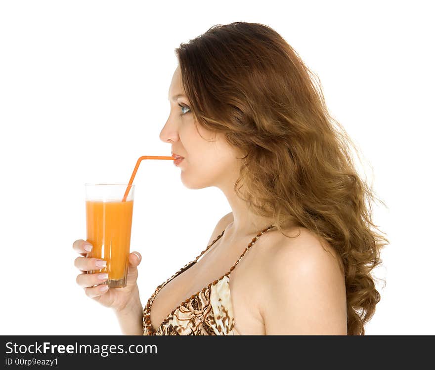 Attractive brunette drink orange juice. Isolate on white. Attractive brunette drink orange juice. Isolate on white.