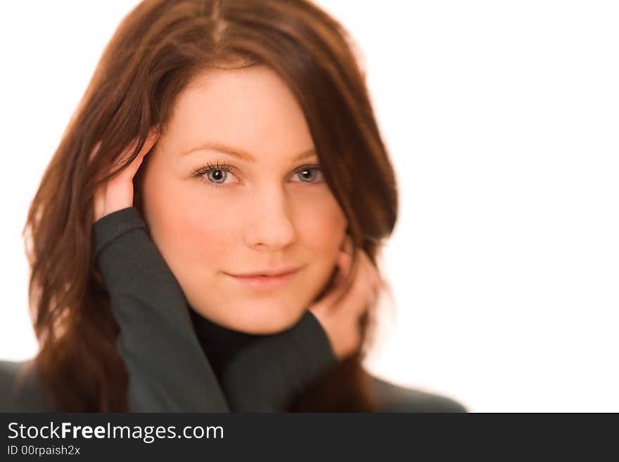 Portrait of young beautiful woman on white background