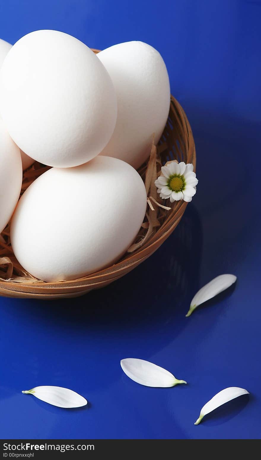 White eggs with flower on blue background. White eggs with flower on blue background.