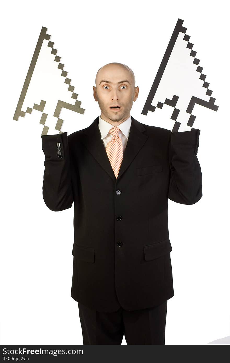 A bald executive showing two cursors heading upwards indicating growth. A bald executive showing two cursors heading upwards indicating growth