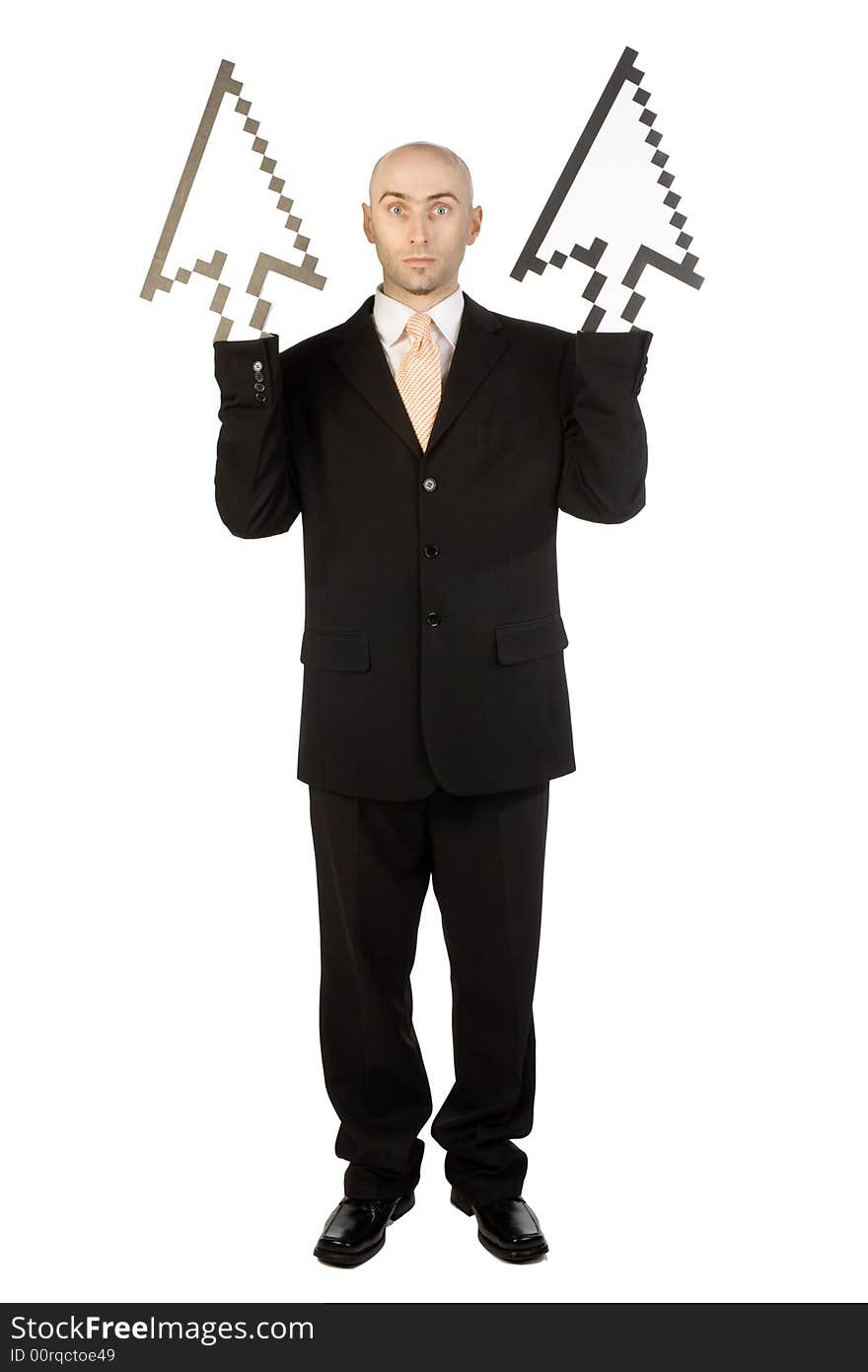 A bald executive showing two cursors heading upwards indicating growth. A bald executive showing two cursors heading upwards indicating growth