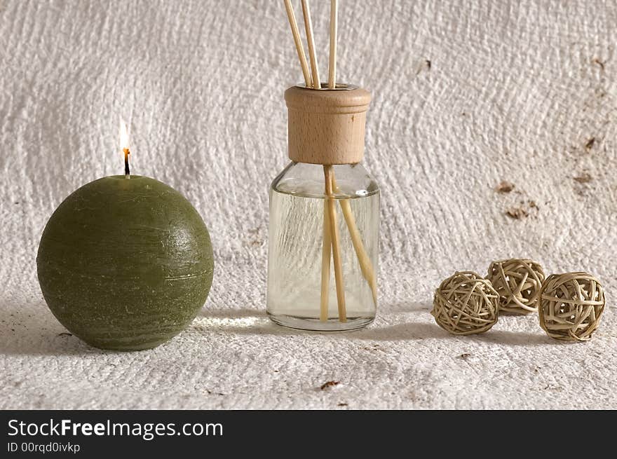 Aroma therapy objects. bottle of esential oil, candles