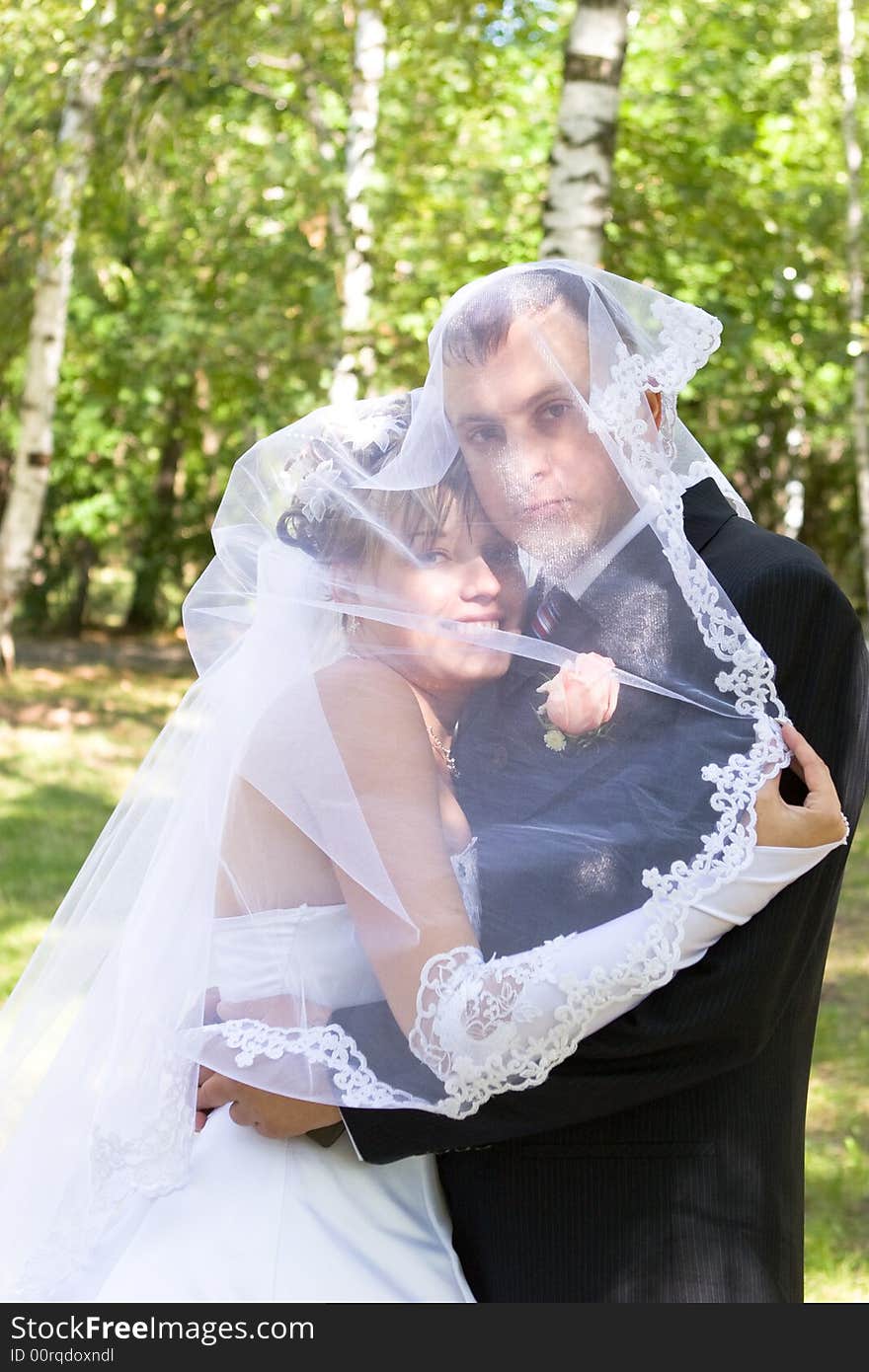 A happy newly-married couple under the veil