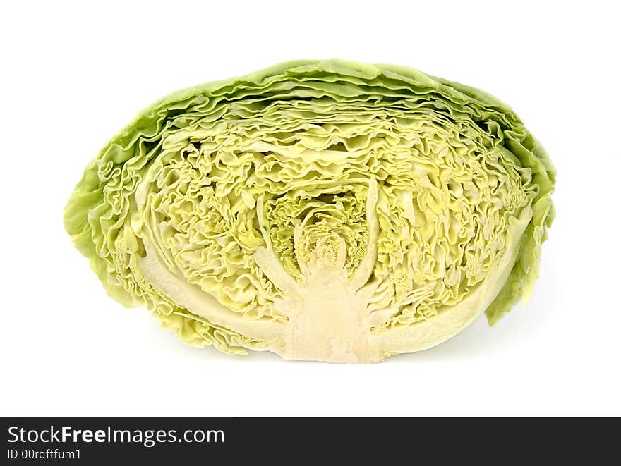 Foreground sliced cabbage on a white background