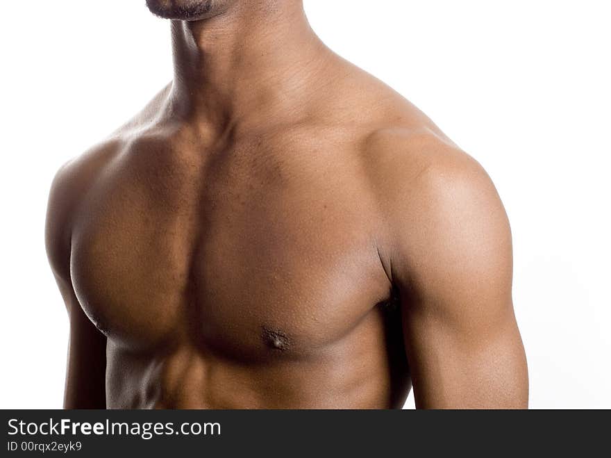 A muscular model is posing against white background. A muscular model is posing against white background