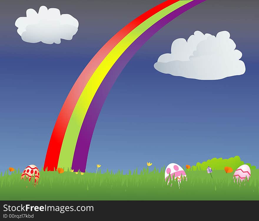 Rainbow in a field with Easter eggs. Rainbow in a field with Easter eggs