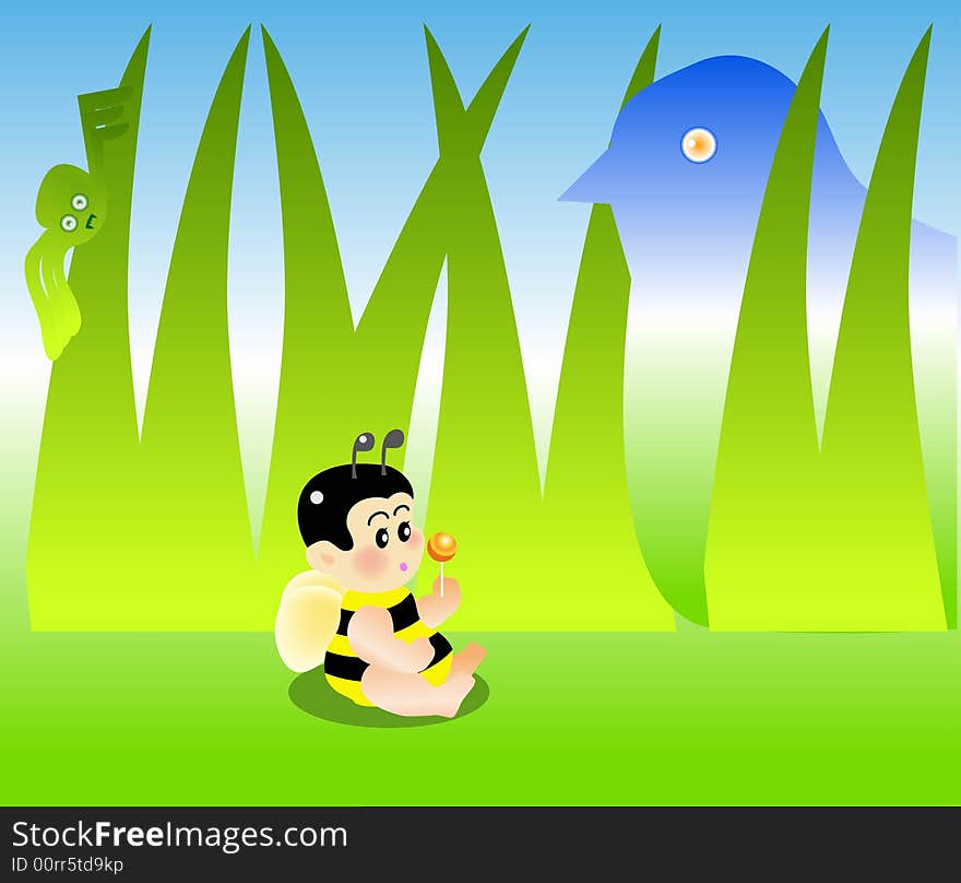 Vector illustration for a baby bee eating a sweet and behind are danger waiting for him.